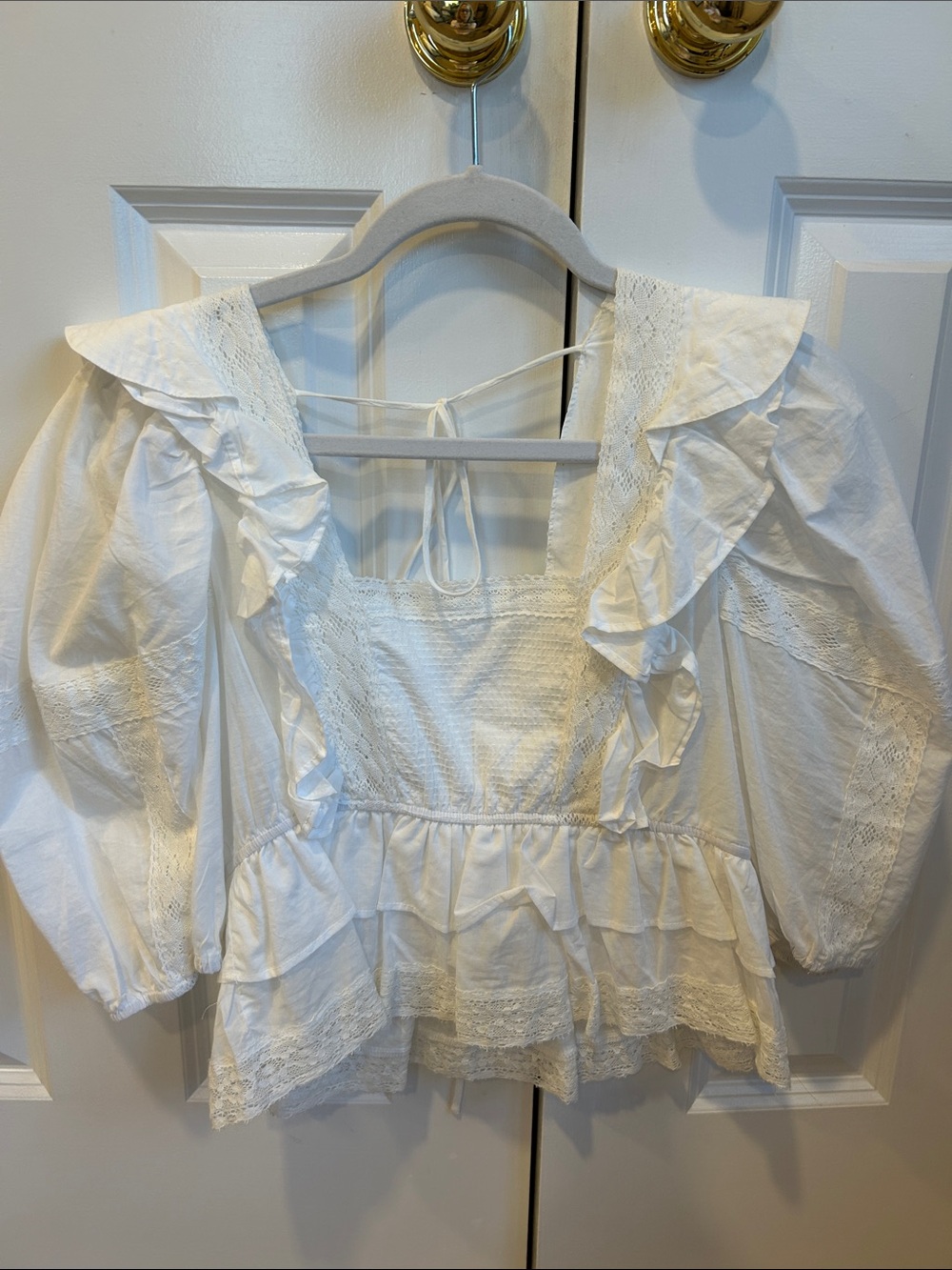 White Ruffle Lace Peasant Blouse with Tie Back